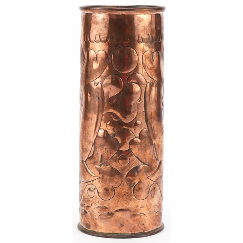 351 - Newlyn Arts & Crafts copper vase with riveted seem decorated with fish, 22cm high