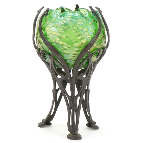Loetz style glass Art Nouveau glass vase in a naturalistic metal frame, 27cm high