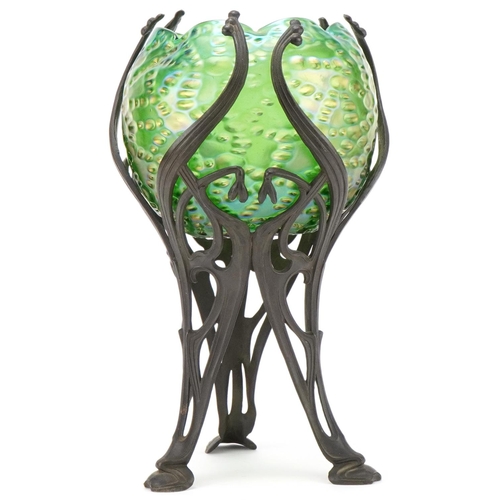 508 - Loetz style Art Nouveau glass vase in a naturalistic metal frame, 27cm high