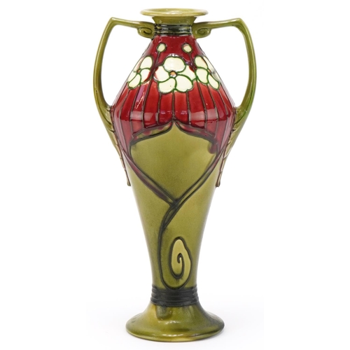 191 - Minton's Secessionist green and red ground floral vase Number 3, impressed marks to the base, 33cm h... 