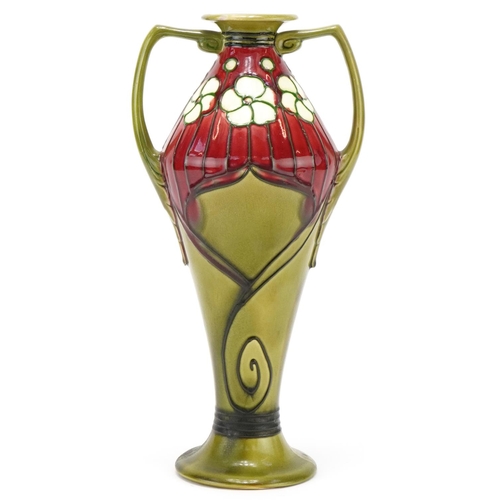 191 - Minton's Secessionist green and red ground floral vase Number 3, impressed marks to the base, 33cm h... 