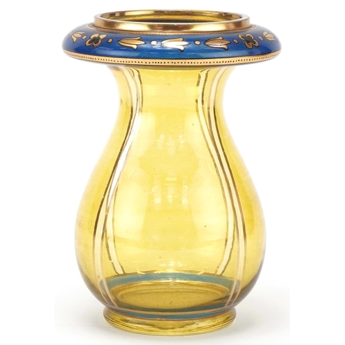 520 - Stylish amber glass vase with gilded blue floral top, 17cm high