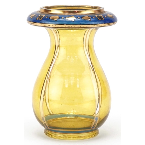 520 - Stylish amber glass vase with gilded blue floral top, 17cm high