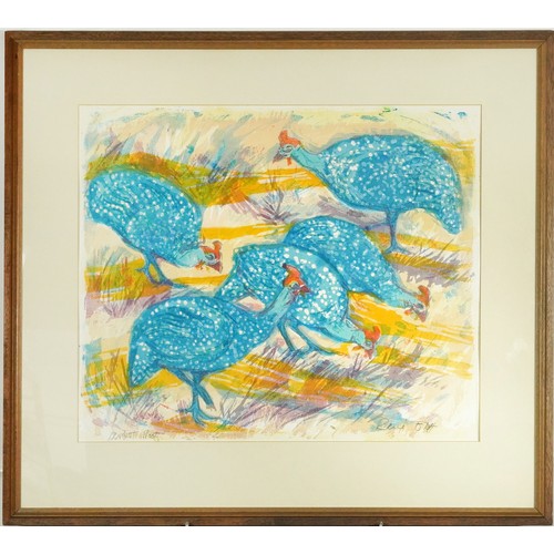 266 - Five guinea fowl, artists proof, mounted and framed, 70.5cm x 58cm