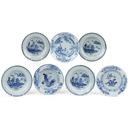 1154 - Seven 18th century Chinese hand painted blue and white porcelain bowls decorated in the Willow patte... 