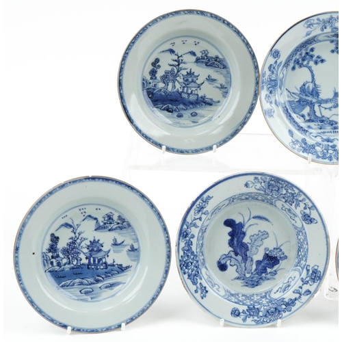 1154 - Seven 18th century Chinese hand painted blue and white porcelain bowls decorated in the Willow patte... 