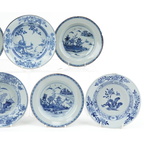 1154 - Seven 18th century Chinese hand painted blue and white porcelain bowls decorated in the Willow patte... 