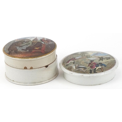 1255 - Victorian Staffordshire bear pot lid and cover together with a hunting bear pot lid, the largest 8cm... 