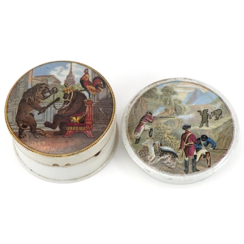 1255 - Victorian Staffordshire bear pot lid and cover together with a hunting bear pot lid, the largest 8cm... 