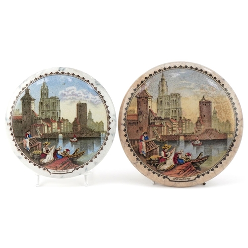 1256 - Two Victorian Staffordshire pot lids of Strasbourg, the largest 12cm in diameter