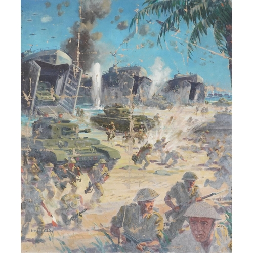 2578 - Harry Arthur Riley - WW2 Beach head landings, Military interest oil on unstretched canvas, overall 8... 