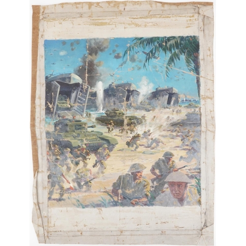 2578 - Harry Arthur Riley - WW2 Beach head landings, Military interest oil on unstretched canvas, overall 8... 