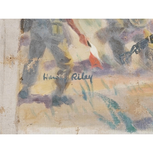 2578 - Harry Arthur Riley - WW2 Beach head landings, Military interest oil on unstretched canvas, overall 8... 