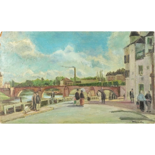 2198 - Manner of Willy Eisenschitz - Figures beside a canal, French school oil on board, inscribed verso, u... 