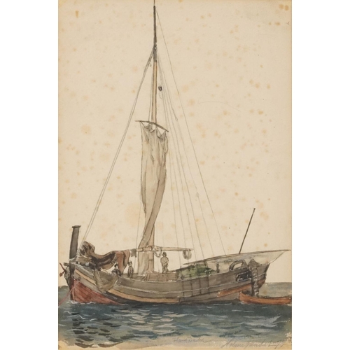 2233 - Hans Dahl 1873 - Fishing boat, late 19th century Norwegian school pencil and watercolour, mounted, f... 