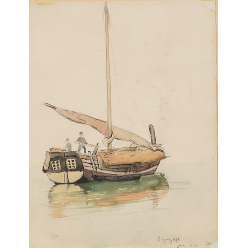 2160 - Attributed to Hans Dahl - Fishing boat, early 20th century Norwegian school pencil and watercolour, ... 