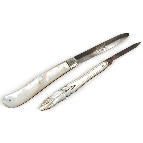 1344 - Victorian silver and mother of pearl folding fruit knife and one other, the silver example Birmingha... 