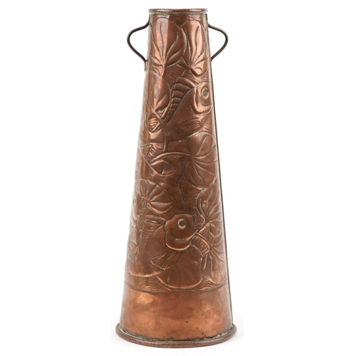 342 - Newlyn Arts & Crafts copper vase decorated with fish vase, 50cm high