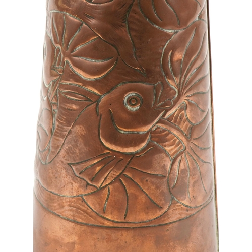 342 - Newlyn Arts & Crafts copper vase decorated with fish vase, 50cm high