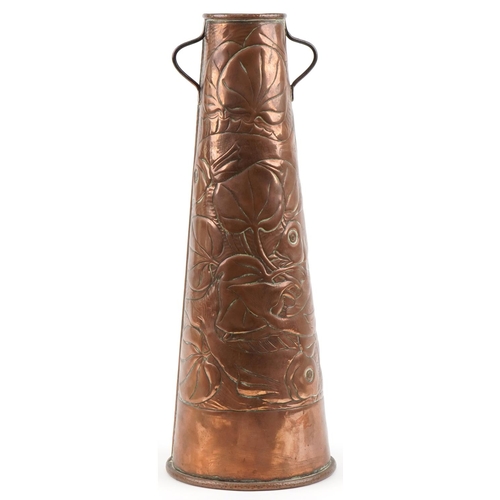 342 - Newlyn Arts & Crafts copper vase decorated with fish vase, 50cm high