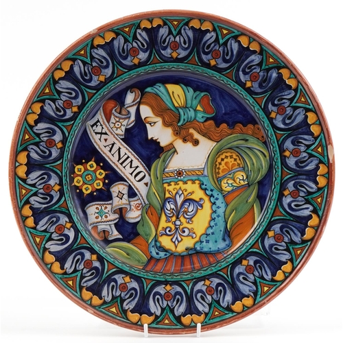 458 - Italian Deruta Arts & Crafts Pre Raphaelite wall plate hand painted with a maiden, Di Grazia and ini... 