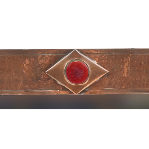 111 - Arts & Crafts Liberty style copper mirror inset with a ceramic cabochon, 54cm x 39cm