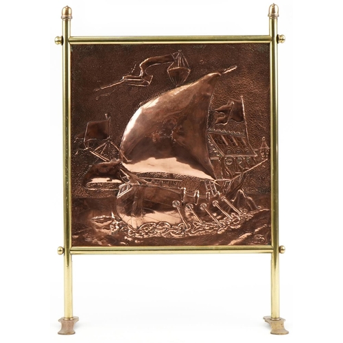 254 - Arts & Crafts copper and brass fire screen, the panel decorated with a Galleon in full sail initiall... 