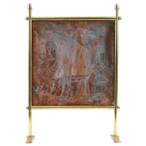 254 - Arts & Crafts copper and brass fire screen, the panel decorated with a Galleon in full sail initiall... 