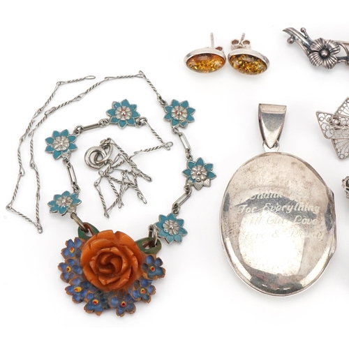 3357 - Vintage and later silver and white metal jewellery including enamel and Bakelite floral necklace, am... 