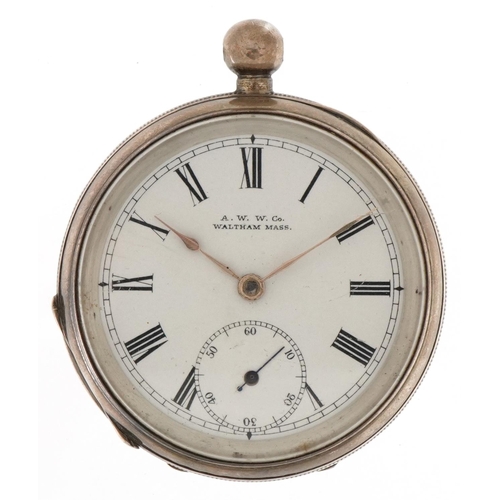 3310 - Waltham Mass, Victorian gentlemen's silver open face keyless pocket watch, having enamelled and subs... 