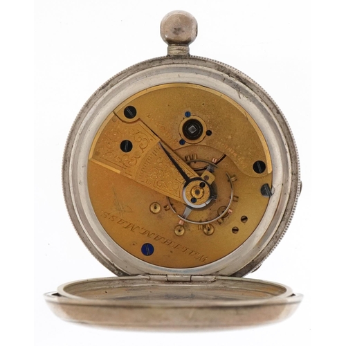 3310 - Waltham Mass, Victorian gentlemen's silver open face keyless pocket watch, having enamelled and subs... 