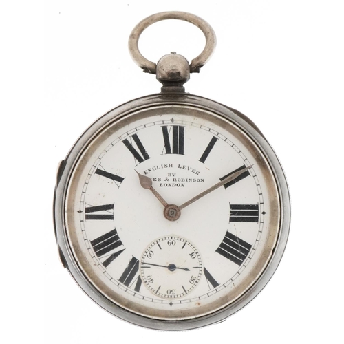 Jones & Robinson, Edwardian silver gentlemen's open face key wind pocket watch having enamelled and subsidiary dials with Roman and Arabic numerals, the movement numbered 633612, Chester 1904, 56mm in diameter