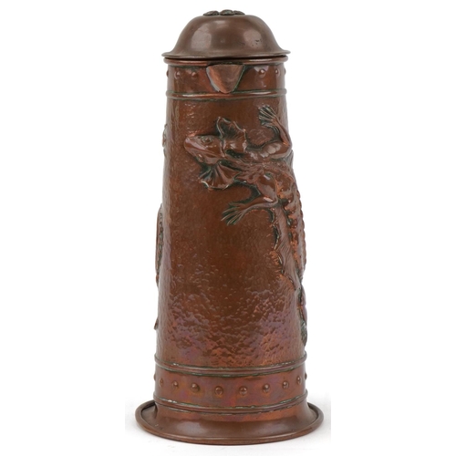 3 - Arts & Crafts copper lidded flagon decorated in relief with lizards and insects, inscribed to the li... 