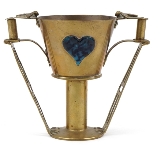 83 - Arts & Crafts Egyptian Revival brass chalice with inset ceramic love heart  plaque, Old Orient Athen... 