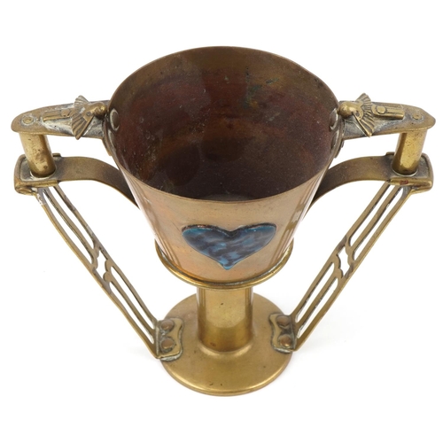 83 - Arts & Crafts Egyptian Revival brass chalice with inset ceramic love heart  plaque, Old Orient Athen... 