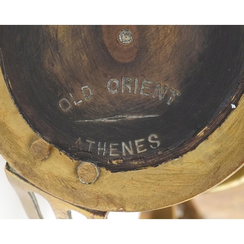 83 - Arts & Crafts Egyptian Revival brass chalice with inset ceramic love heart  plaque, Old Orient Athen... 