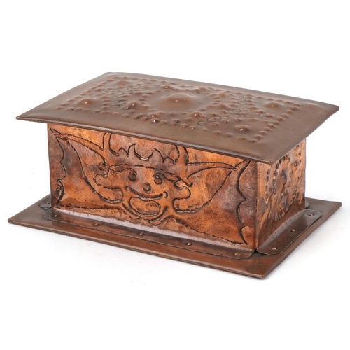 350 - Newlyn Arts & Crafts copper casket decorated with a an Imp, 8cm H x 20cm W x 13cm D