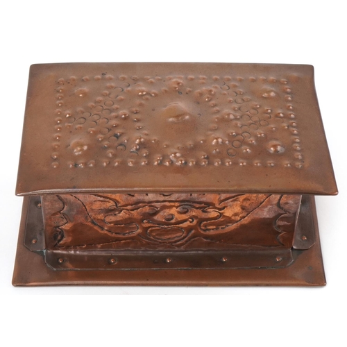 350 - Newlyn Arts & Crafts copper casket decorated with a an Imp, 8cm H x 20cm W x 13cm D