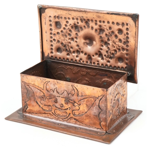 350 - Newlyn Arts & Crafts copper casket decorated with a an Imp, 8cm H x 20cm W x 13cm D