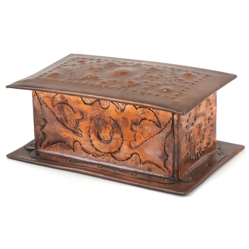 350 - Newlyn Arts & Crafts copper casket decorated with a an Imp, 8cm H x 20cm W x 13cm D