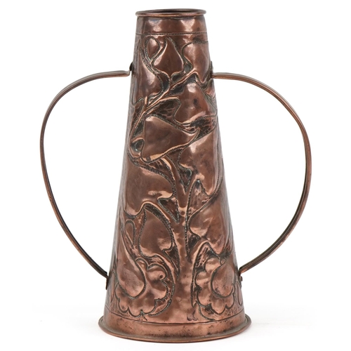 349 - Newlyn Arts & Crafts copper twin handled vase decorated with stylized flowers, 25cm high