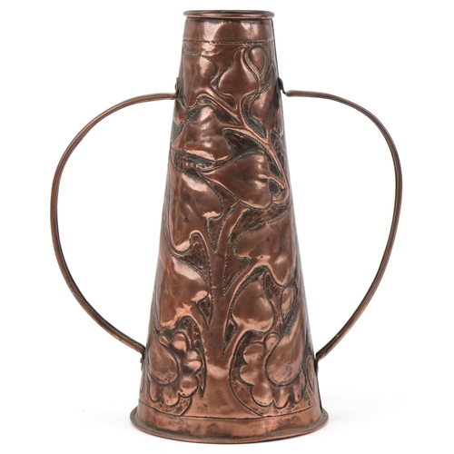 349 - Newlyn Arts & Crafts copper twin handled vase decorated with stylized flowers, 25cm high