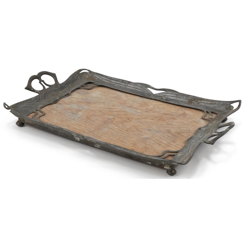 497 - Orivit Art Nouveau pewter and oak tray, 48cm wide