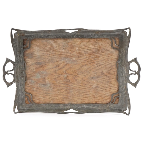 497 - Orivit Art Nouveau pewter and oak tray, 48cm wide