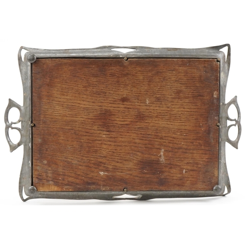 497 - Orivit Art Nouveau pewter and oak tray, 48cm wide