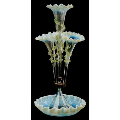 226 - Victorian Vaseline glass four branch epergne, 57cm high