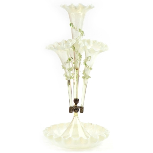 226 - Victorian Vaseline glass four branch epergne, 57cm high