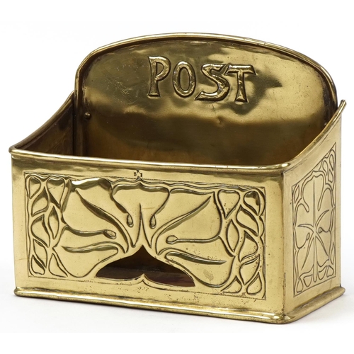 353 - Arts & Crafts brass post box with cut away stylized flowers, 16cm H x 20cm W x 10cm D