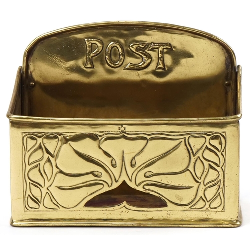 353 - Arts & Crafts brass post box with cut away stylized flowers, 16cm H x 20cm W x 10cm D