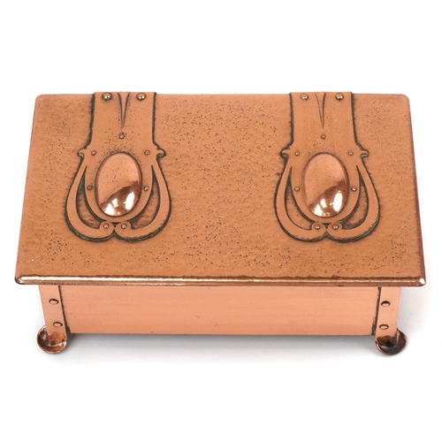 133 - Cambray Ware Arts & Crafts copper and wooden box and cover, 5.5cm H x 19cm W x 12cm D